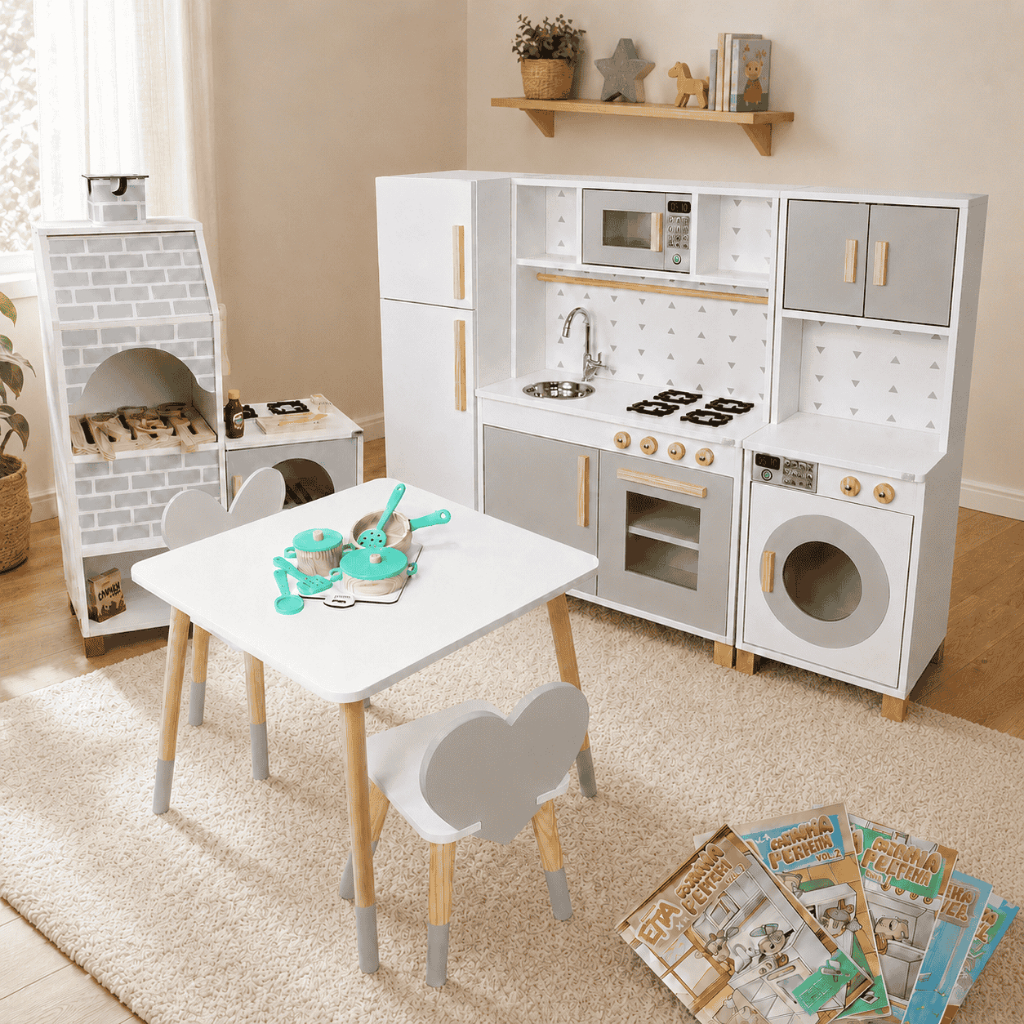 Imagem Combo Verão Animado Pequeno Brinquedoteca Madeira Cinza Faz de Conta Infantil Kit Livro Educativo