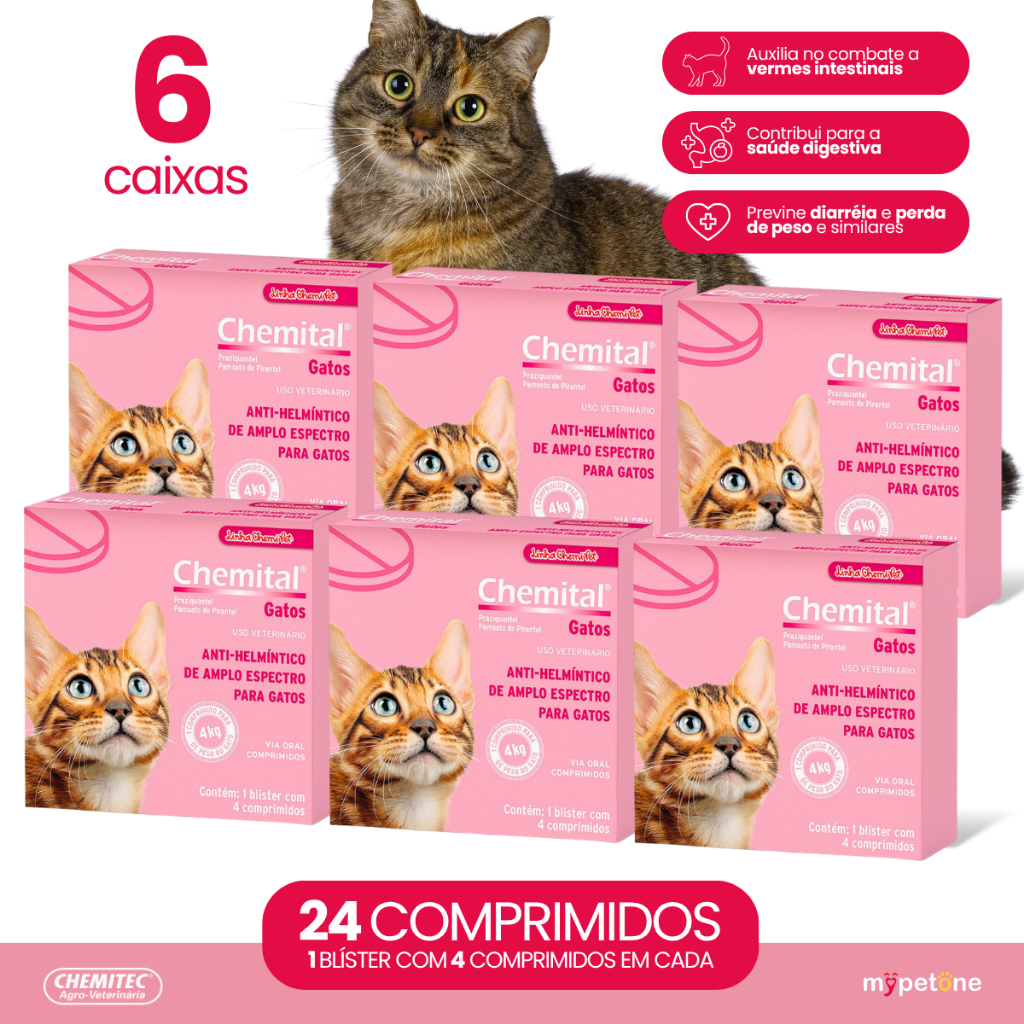 Kit 6 Vermífugo Chemitec Chemital para Gatos - 4 Comprimidos