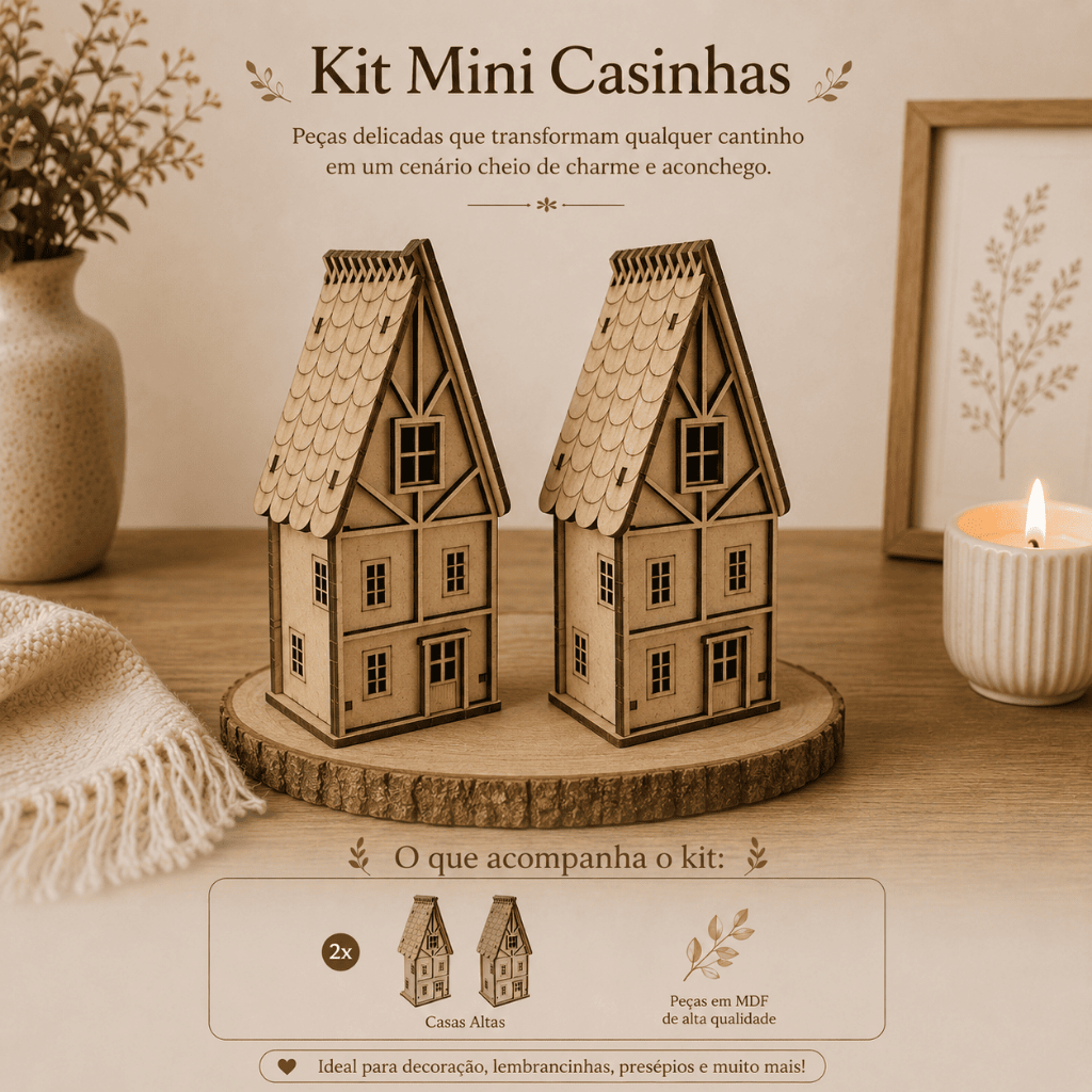 Kit Mini Casas em MDF Cru 16x6,3cm Miniatura Decorativa para Artesanato, Maquete, Cenário e Presépio