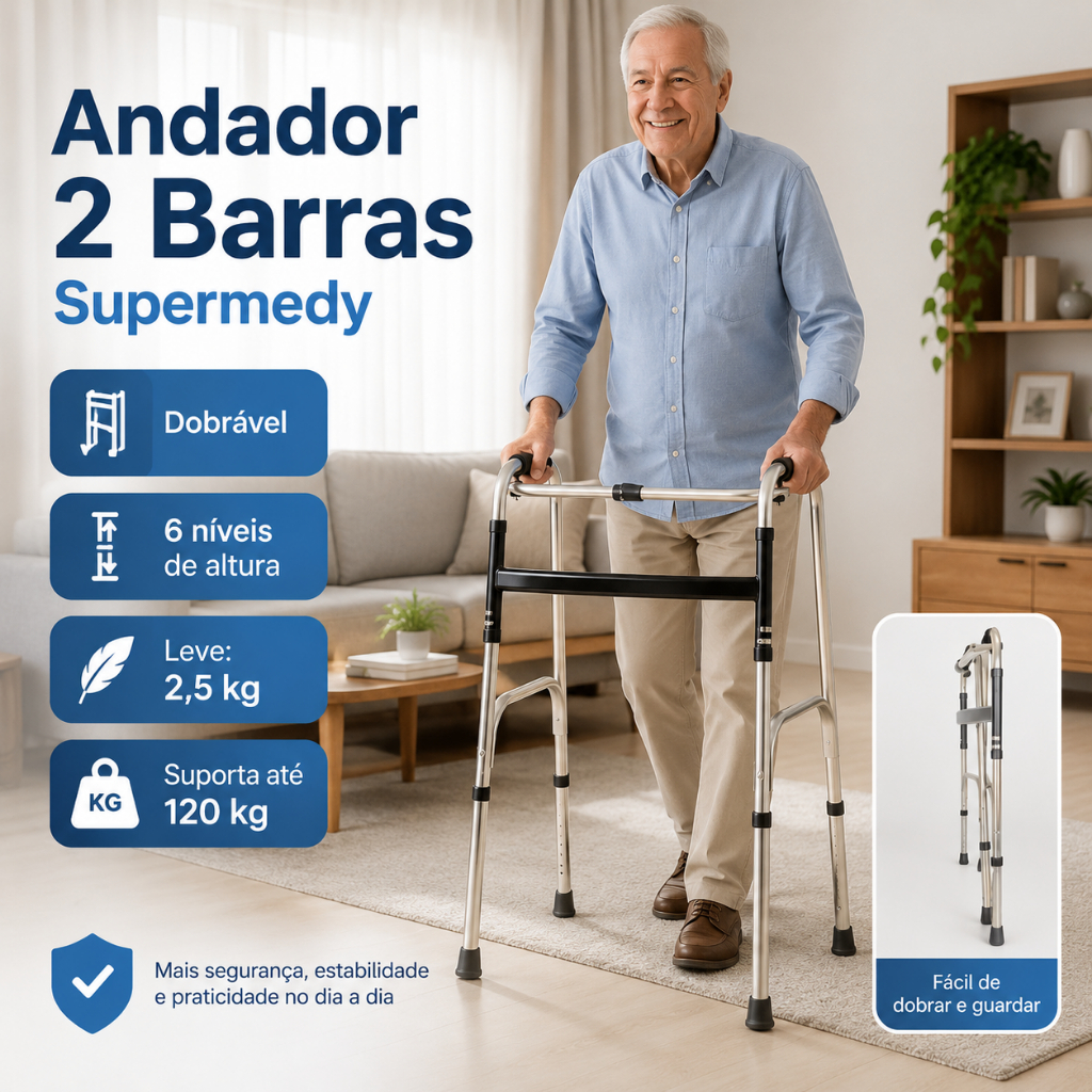 Andador 2 Barras Idoso Adulto Dobravel Articulado Fixo Regulavel 120k Supermedy
