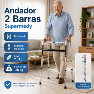 Andador 2 Barras Idoso Adulto Dobravel Articulado Fixo Regulavel 120k Supermedy