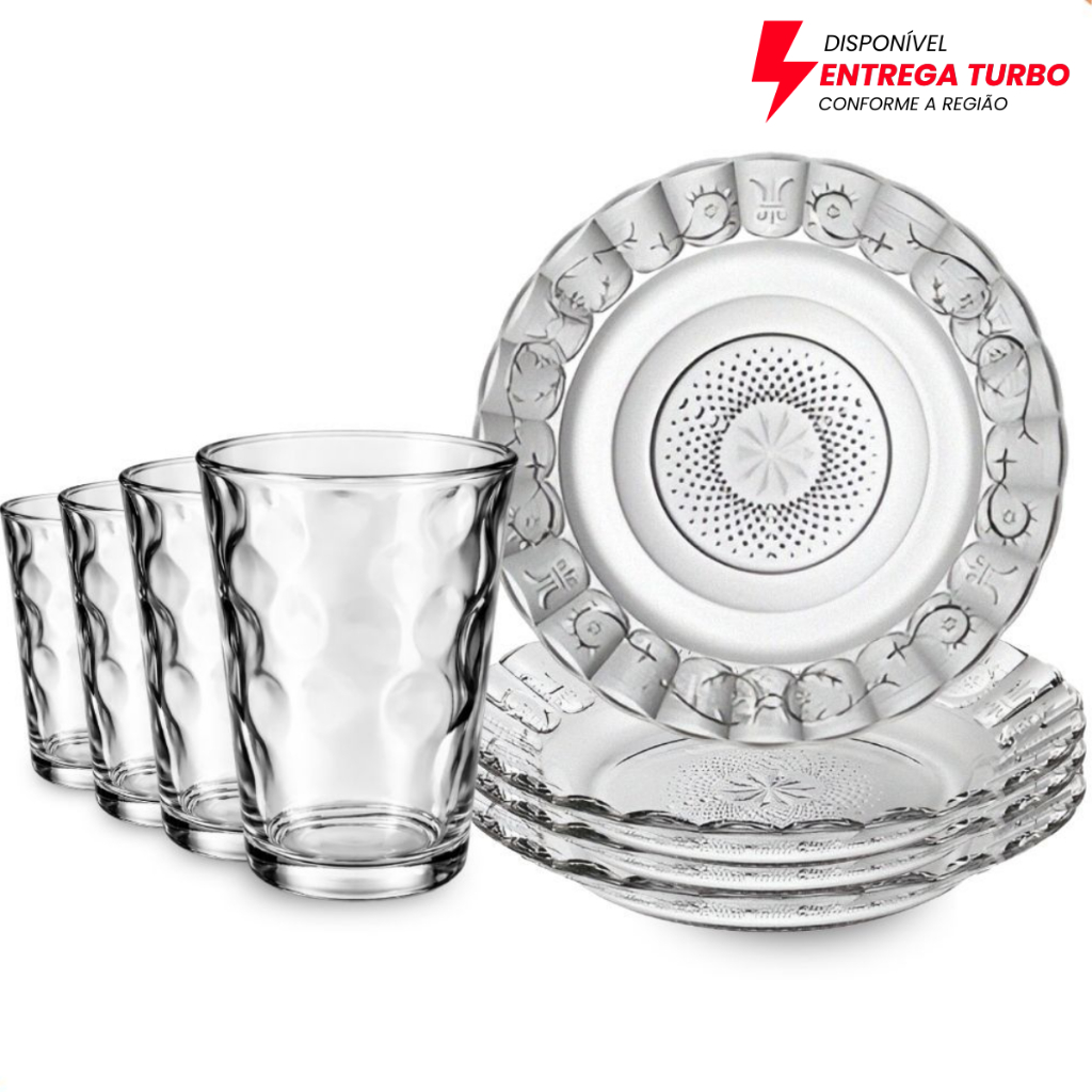 Aparelho de Jantar 8 Peças em Vidro 4 Pratos + 4 Copos  Kit perfeito para suas refeições