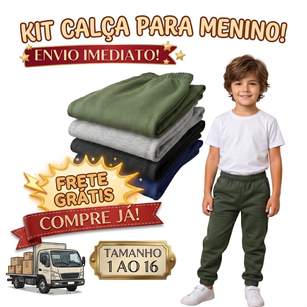Kit 2 Calça de Moletom Infantil Masculino Juvenil Inverno Punho Forrada Flanelada Quente Roupa de Menino Lisa do 1 ao 16