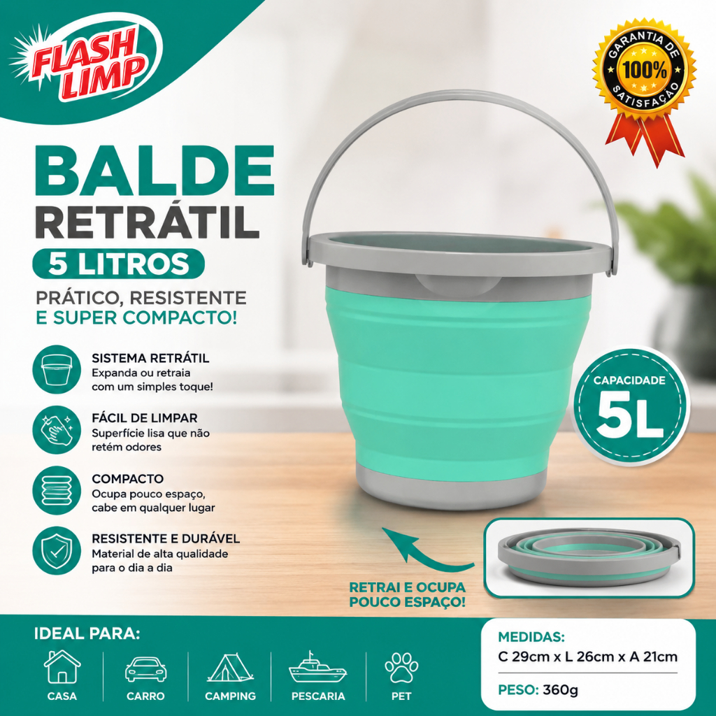 Balde 5 Litros Retrátil Verde Agua Flash Limp Dobrável Multiuso Plástico E Silicone Desmontável Casa
