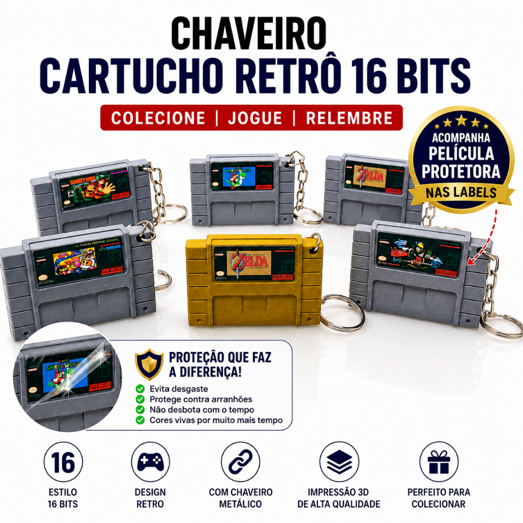 Kit c/ 30 Chaveiros Cartucho Super Nintendo 3D–Sortidos! Super Mario World, Zelda, Donkey Kong