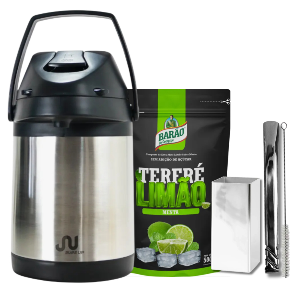 KIT Inox Garrafa Térmica 3 litros Inox + Copo Quadrado Inox + Bomba v6 + Erva Barao 500g