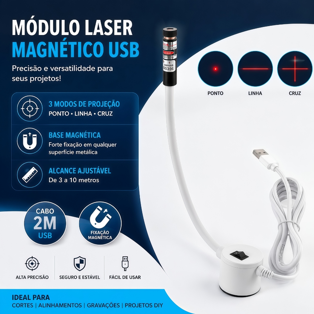 Mira Laser Vermelho Posicionador Usb Para Maquina De Costura Lanterna Alinhamento Com Base Magnetica 5V