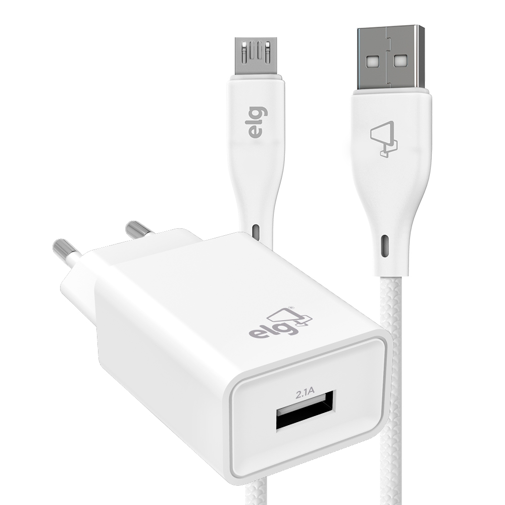 Kit Carregador Parede Universal, Cabo Micro-USB 1 Metro, Carga Rápida 2.4A 12W, Branco, KT510WC, ELG