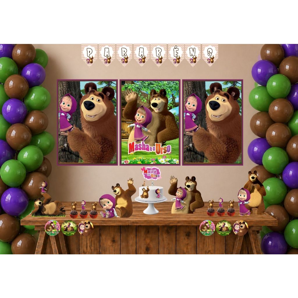 Kit Festa Marsha e o urso Só Um Bolinho Decoração Aniversario em casa, na escola ENVIAR NOME NO ATO DA COMPRA PELO CHAT