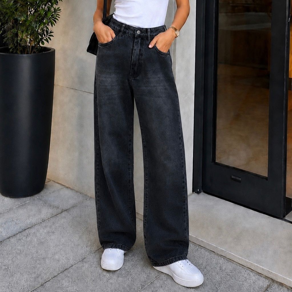 Calça Jeans Wide Leg Feminina Preta Juvenil Cintura Alta Soltinha