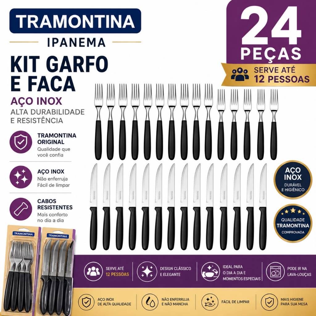Kit Garfo e Faca Tramontina Ipanema 24 Peças Aço Inox Original Churrasco Mesa Completa