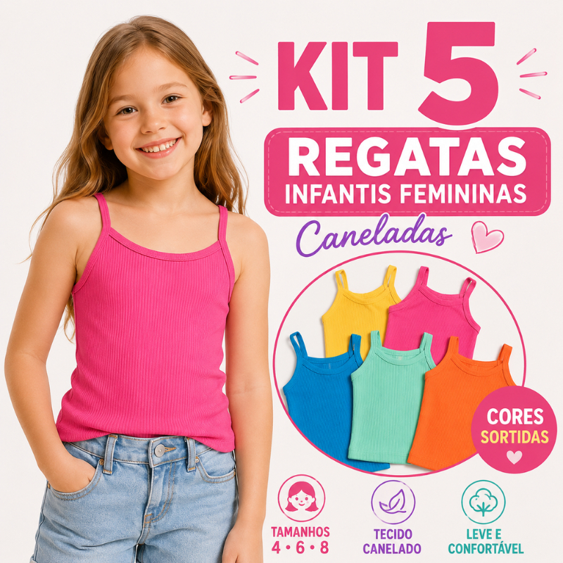 Kit 5 Regatas Infantis Feminina Canelada Menina Alça Fina Verão 4 6 8 Anos Cores Sortidas |1331| Lançamento