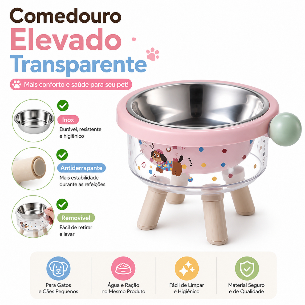 Comedouro Elevado Transparente para Gatos e Cães Pequenos Tigela Inox Removível Antiderrapante