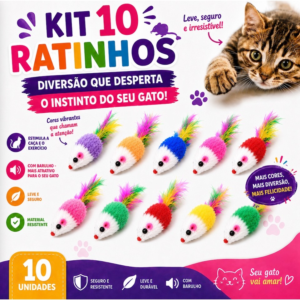 Kit 10 Ratinhos Brinquedos Para Gatos Penas Coloridas Cores Sortidas