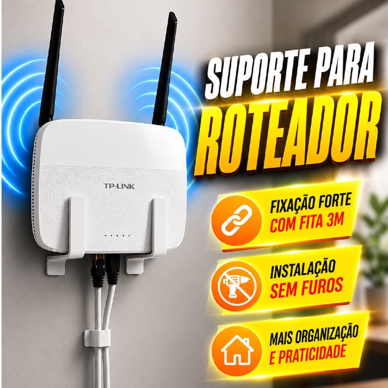 Suporte Roteador WiFi Modem Fibra Organizador Universal Parede Sem Furo Fita 3M Compatível Vivo TPLink Huawei Intelbras