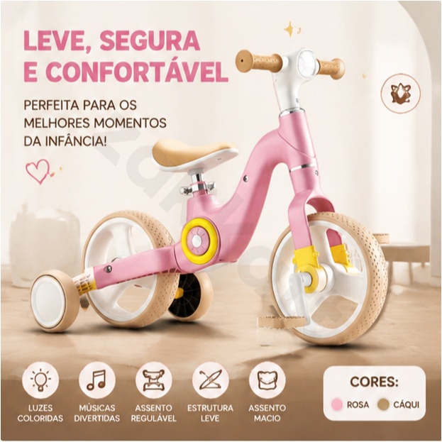 Bicicleta Infantil com Luzes e Música 2 em 1 Pedais Removíveis Rodinhas Ajustáveis P24