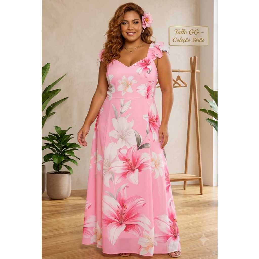 Vestido Longo Plus Size Elegante em Tecido Duna que Não Amassa, com Babado e Costas em Lastex – G1