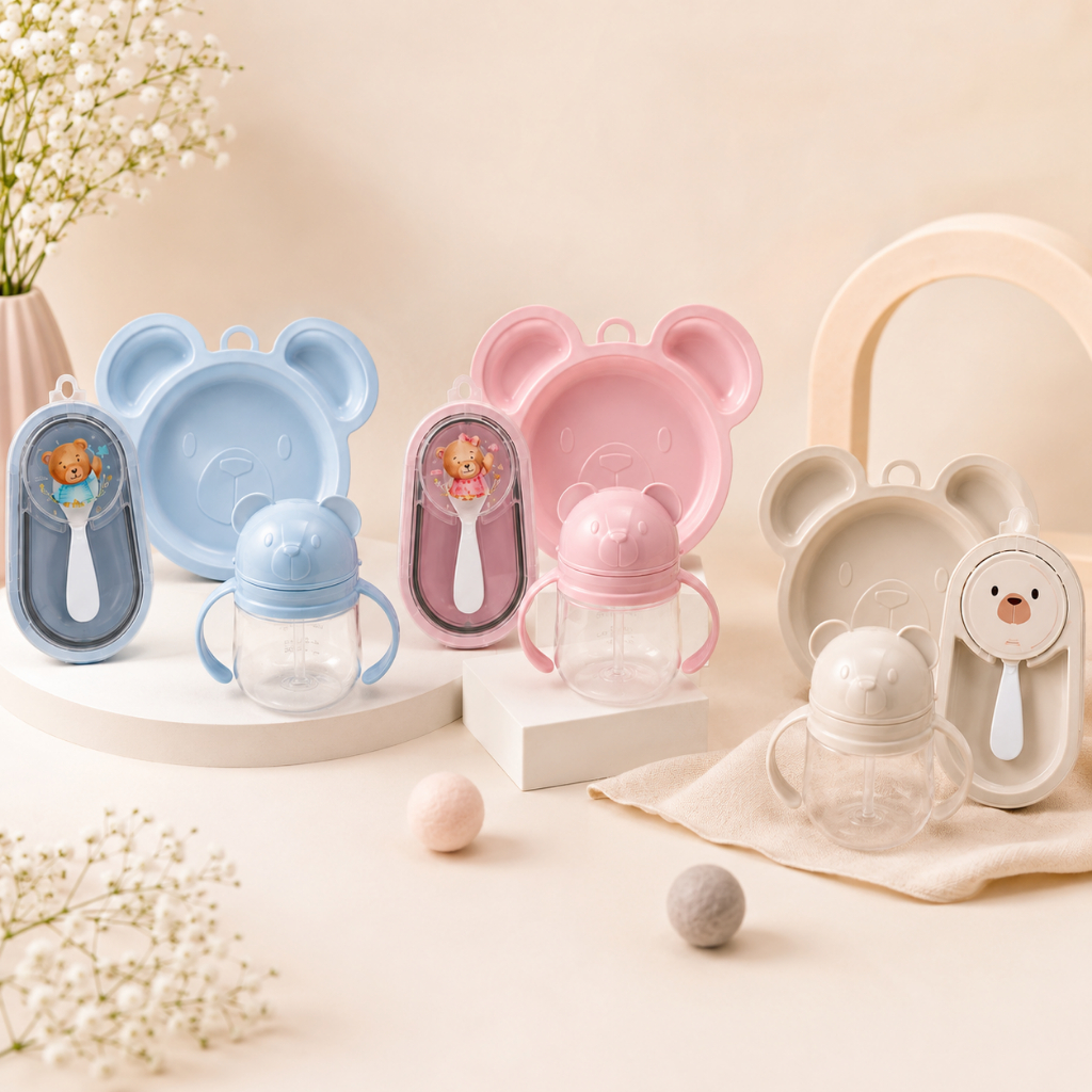 Kit Alimentação Bebê Ursinho 4 Peças Kit Refeição Infantil Prato Copo Com Canudo Talher Porta Papinha Plástico