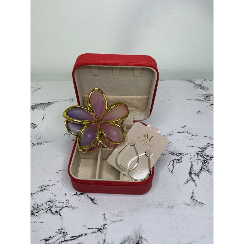 Kit Prata 925 Presente Feminino Porta Joias Compacto Brinco Delicado Presilha de Cabelo Necessaire Organizadora de Joias