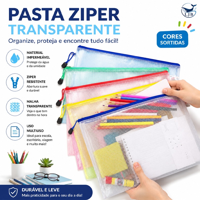 Kit 3/5/10 Pasta A4 De Plástico PVC/NYLON Multiuso Com Zíper Prova Agua XK-KHS-8133