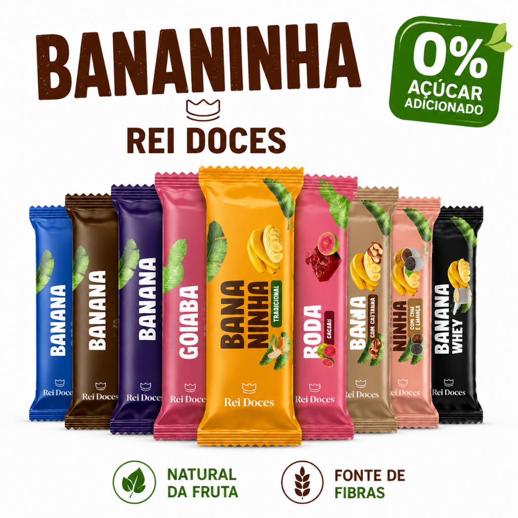 Bananinha 0% Açúcar Snack Barrinha Natural Saudável Energia Rápida Sem Glúten 24 unid por caixa