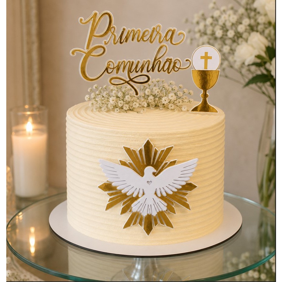 Topo de Bolo Primeira Comunhão 3D Personalizado | Espírito Santo, Cálice e Cruz | Batizado e Crisma | Dourado e Branco