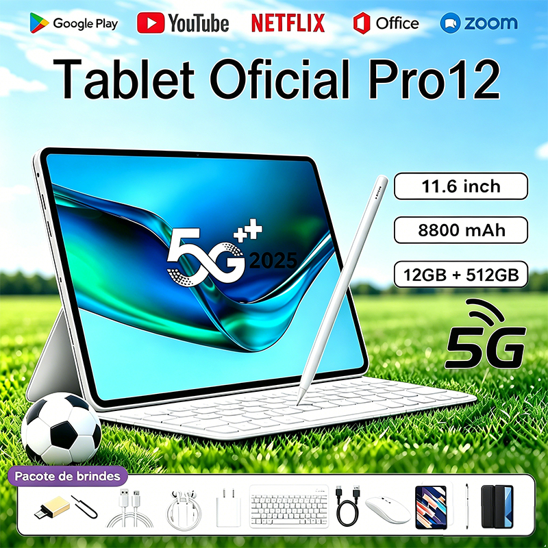 Tablet Galaxy Pro12Max com Teclado e Mouse Grátis | 12GB RAM 512GB | Tela HD 11.6" | Android 15 | 5G