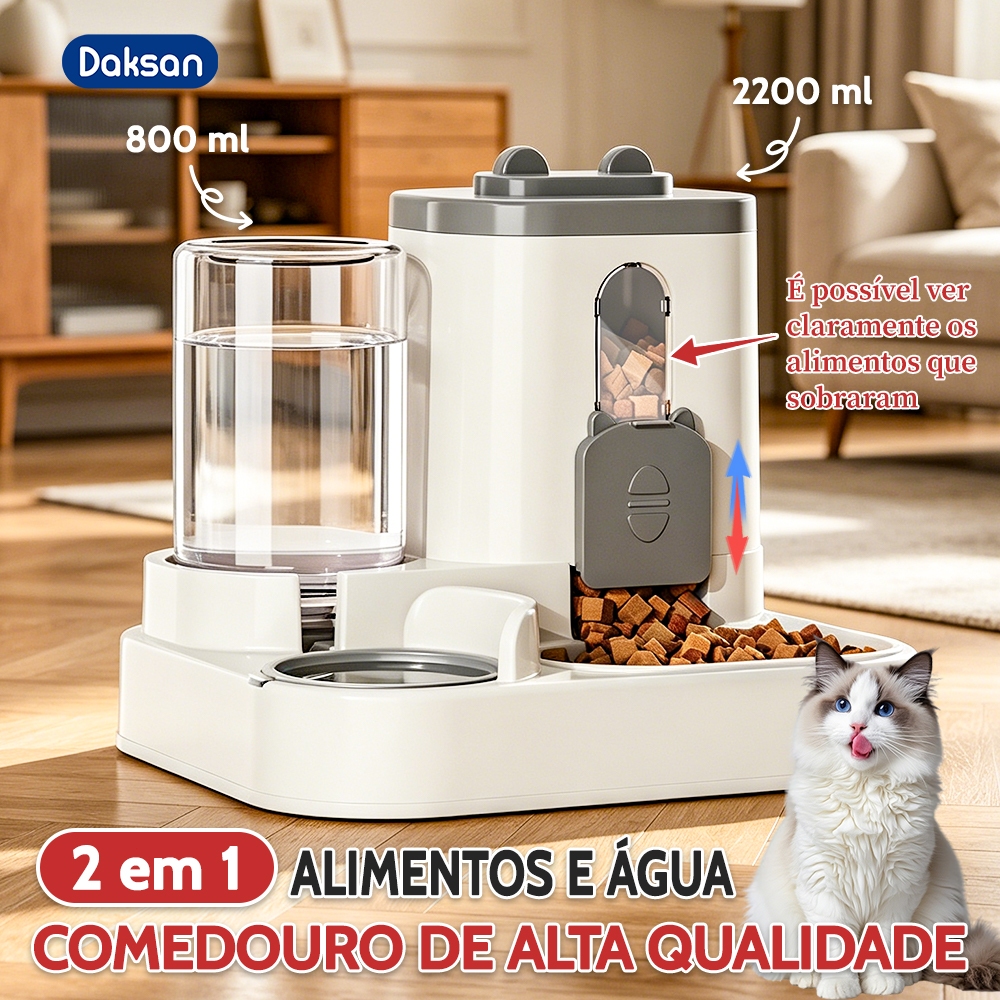 Alimentador e Bebedouro Automático para Cães e Gatos 2 em 1 2200ml + 800ml