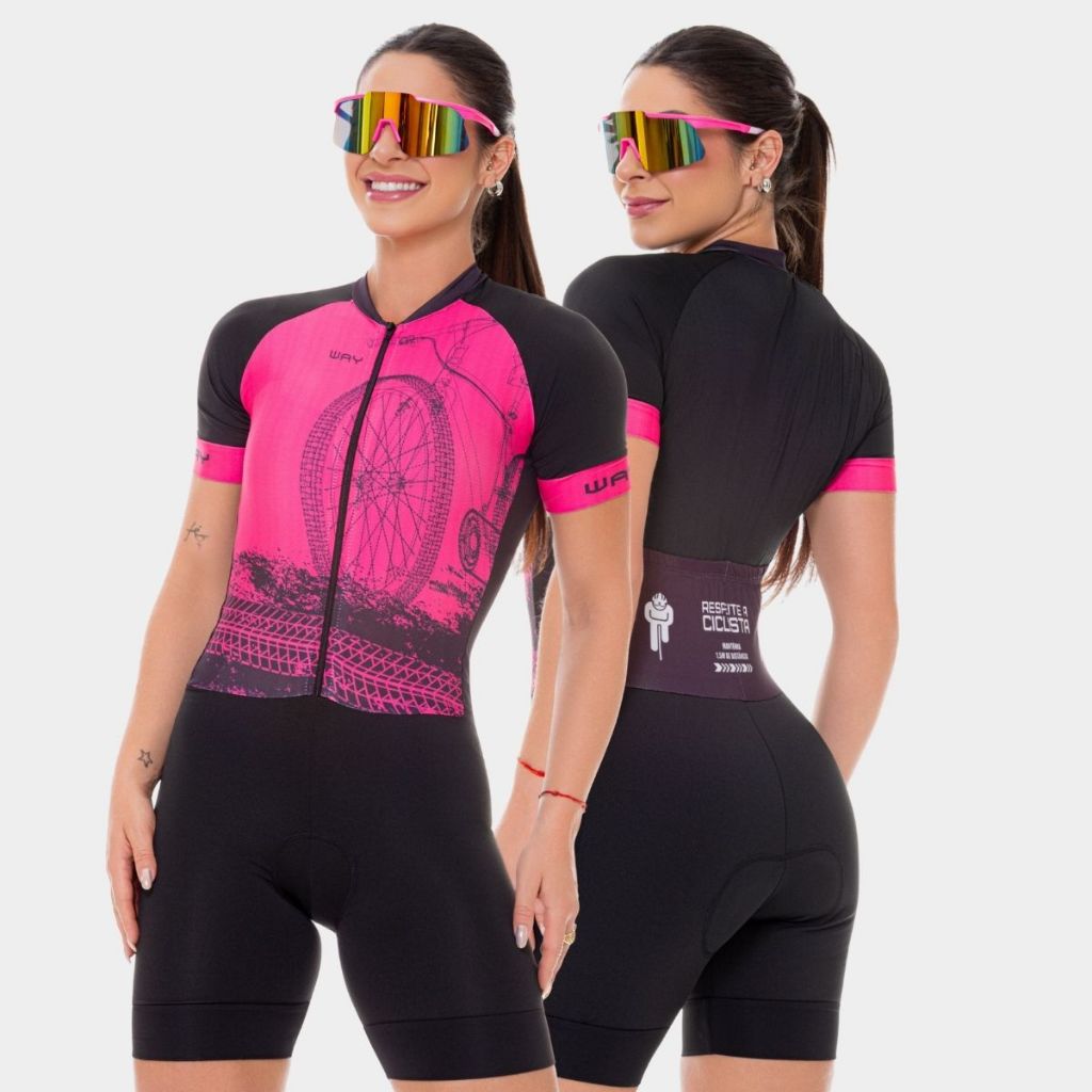 Macaquinho Ciclismo Feminino Macacão Manga Curta Forro Espuma Bike Roda Rosa Roupa Slim Pedal Mtb