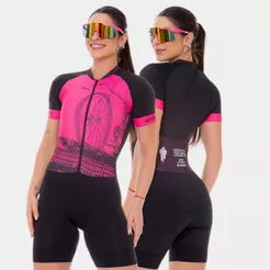 Macaquinho Ciclismo Feminino Macacão Manga Curta Forro Espuma Bike Roda Rosa Roupa Slim Pedal Mtb