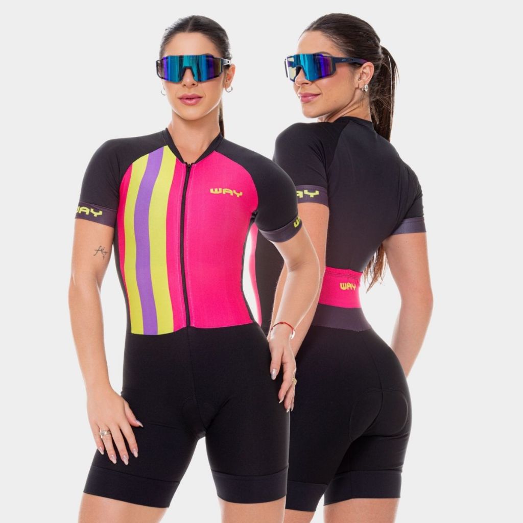 Macaquinho Ciclismo Feminino Macacão Manga Curta Forro Espuma Acolchoado Roupa Rosa Bike Pedal Mtb