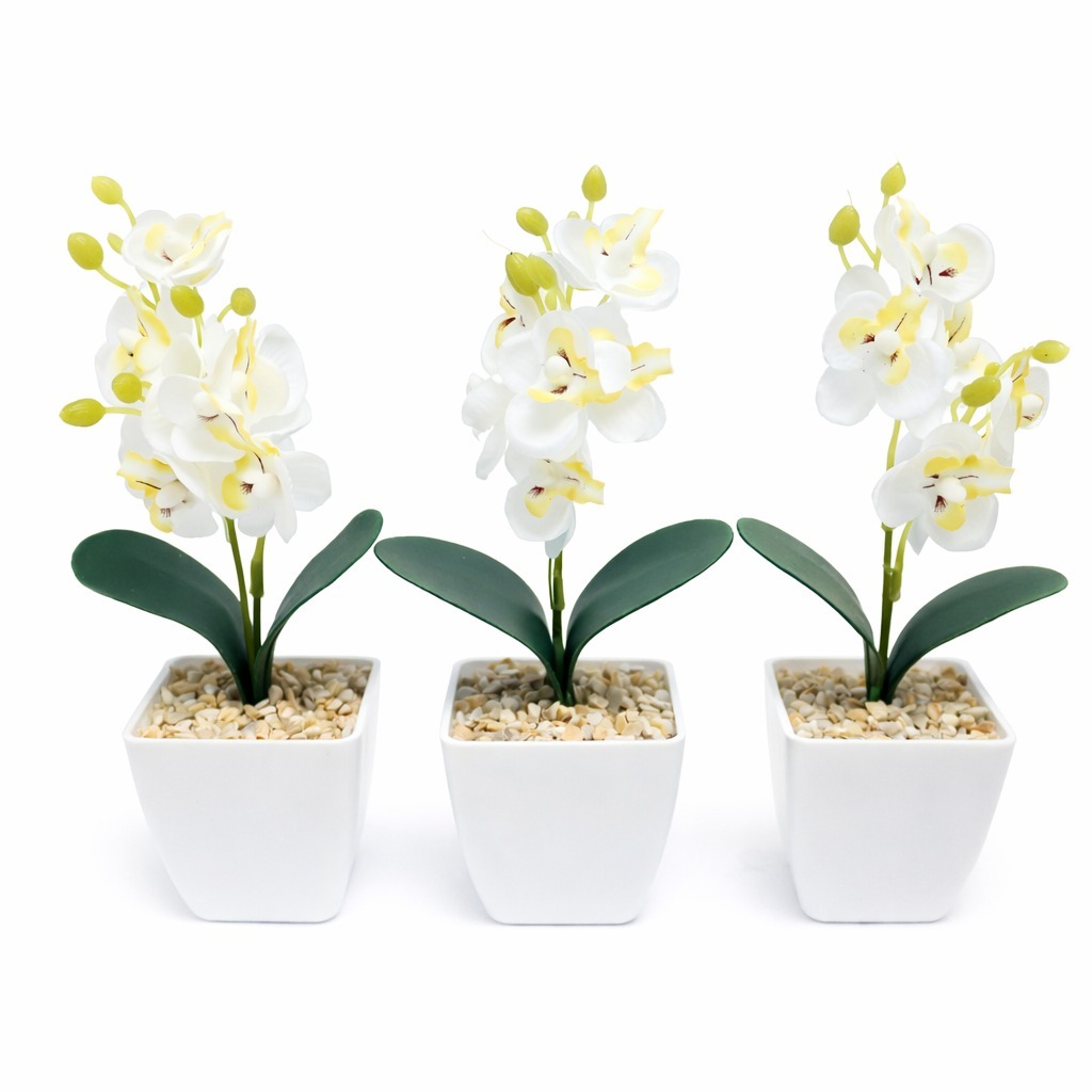 Kit com 3 Mini Arranjos de Orquídea Branca Artificial, Kit com 3 Vasos de Orquídea Branca, Vaso Decorativo