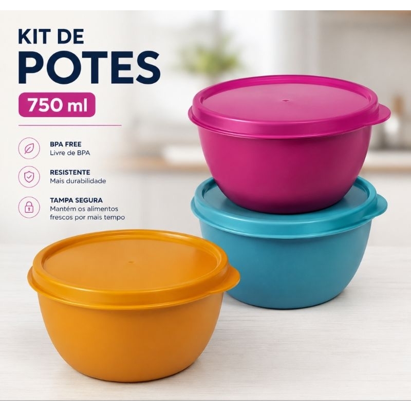 KIT de potes marmita 750 ML cada vasilha plástica resistente com tampa, Freezer, Micro-ondas, Lanche