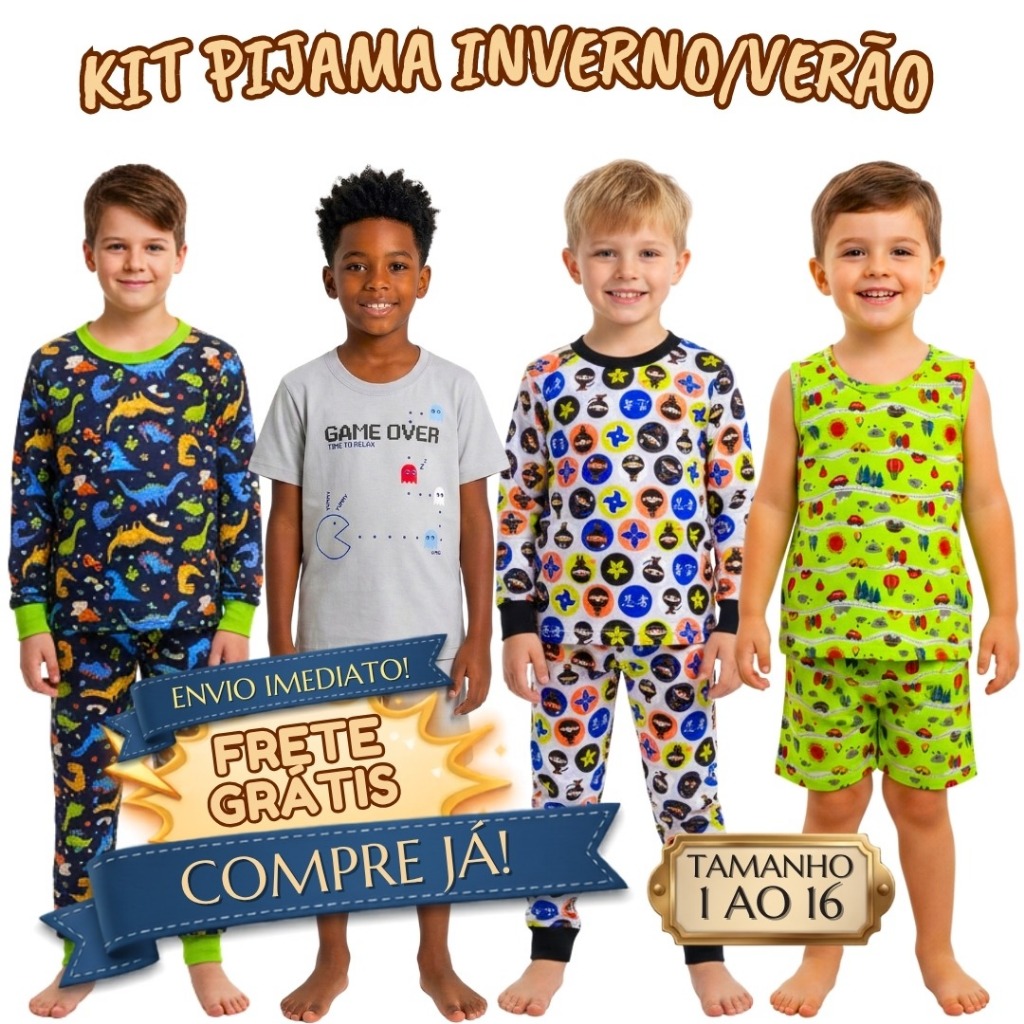Kit 8 Peças 2 Pijama Infantil Menino Inverno e 2 Verão Roupa de Dormir Calor e Frio Longo e Curto Algodão Personagens