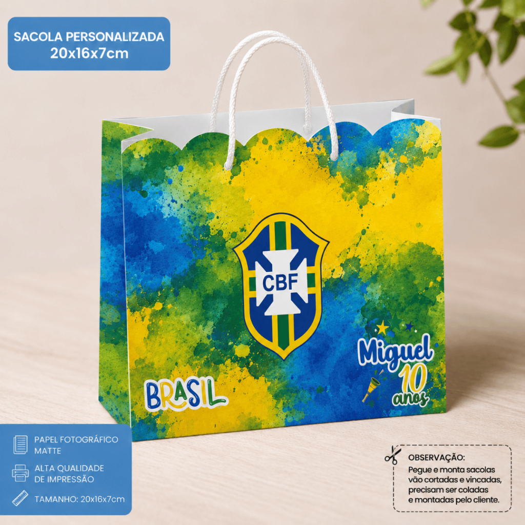 Sacola Personalizada Brasil Futebol Copa com Nome | Lembrancinha Aniversário Infantil
