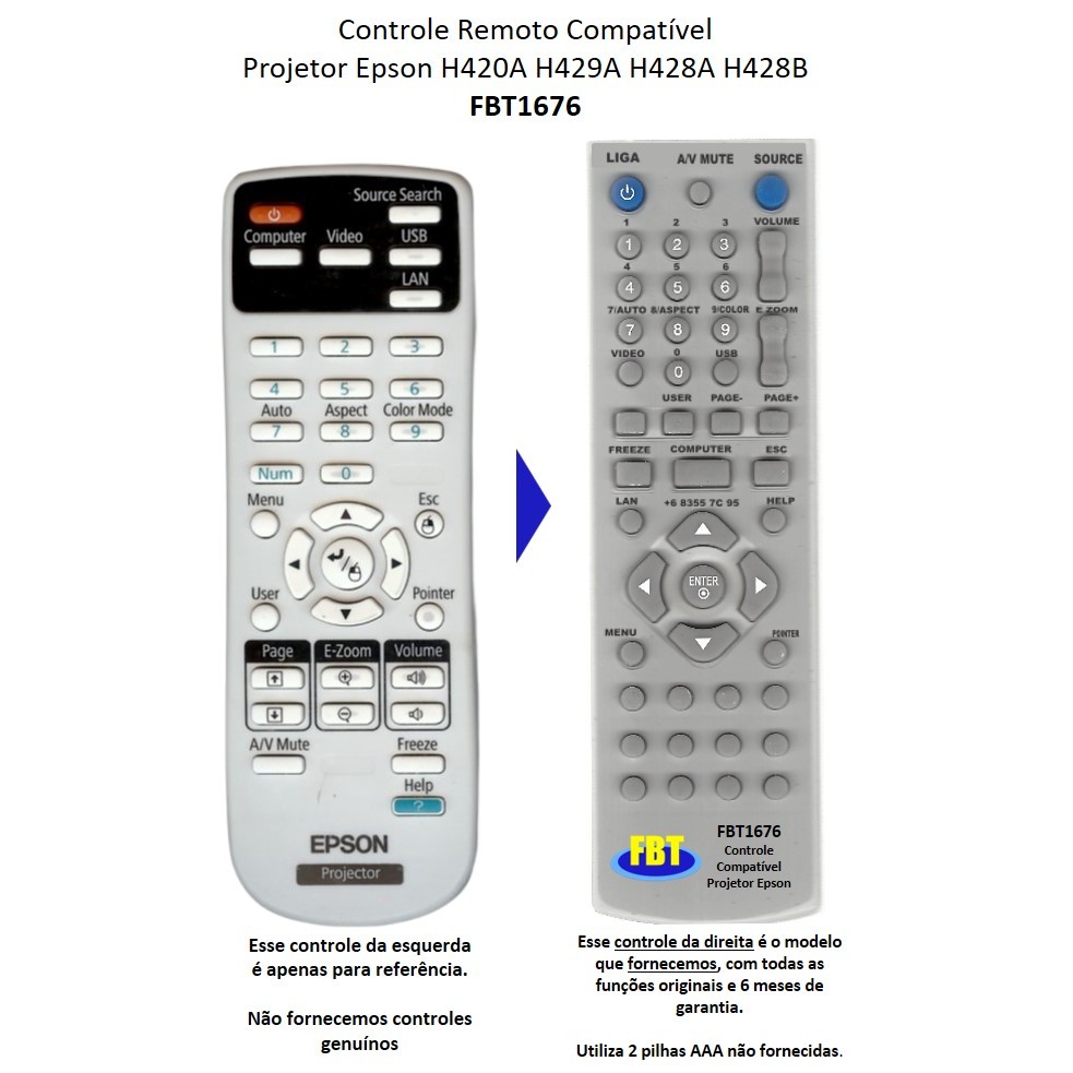 Controle Compatível para Projetor Epson H430A H429A H428A H428B H428B H429B 420 FBT1676