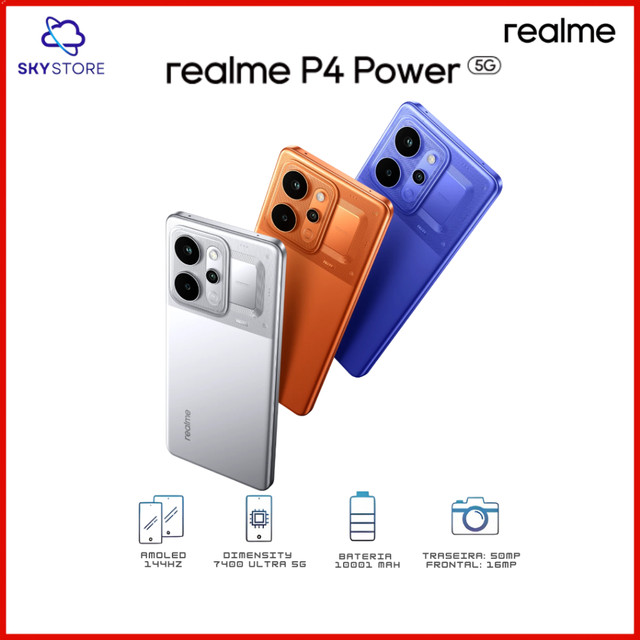 Realme P4 Power 5G, Versão Global, 256-512GB e 8-12GB RAM, Processador Dimensity 7400 Ultra, Bateria 10001mAh