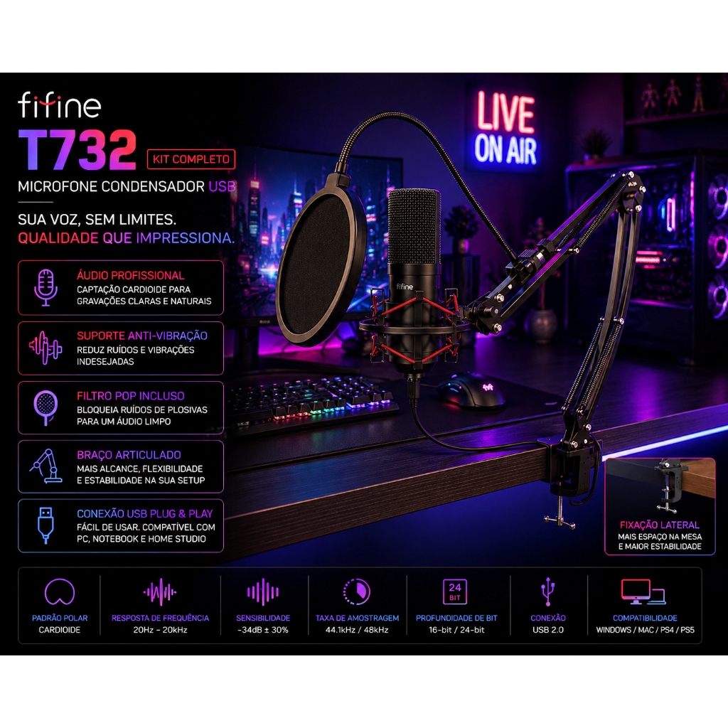 Kit de Microfone Condensador Fifine T732 USB com Braço Articulado, Pop Filter e Shock Mount – Preto