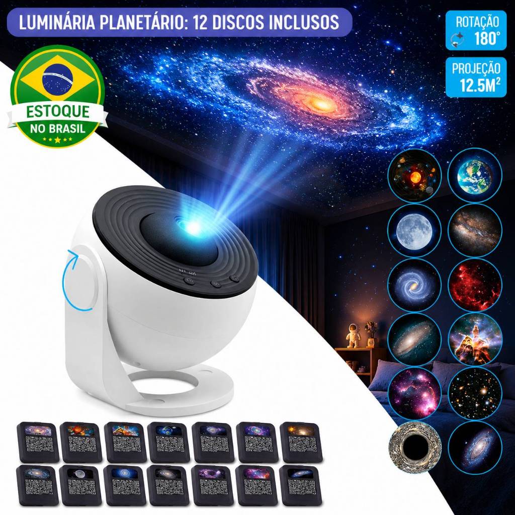 Projetor De Galaxia HD Luminaria Led 12 Discos Estrelas Foco Ajustavel Giratorio 360 Timer Teto Parede Quarto Bivolt