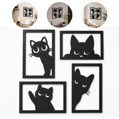 Kit 4 Quadros Decorativos Gatos Mdf Vazado Preto Parede Quarto Sala