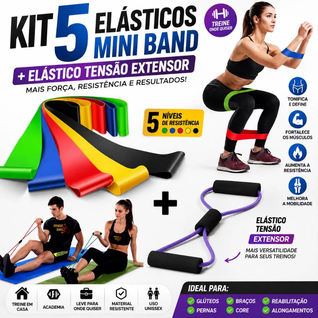 Kit 5 Elástico Mini Band + Elástico Tensão Extensor Exercício Academia Fitness Treino Crosstube