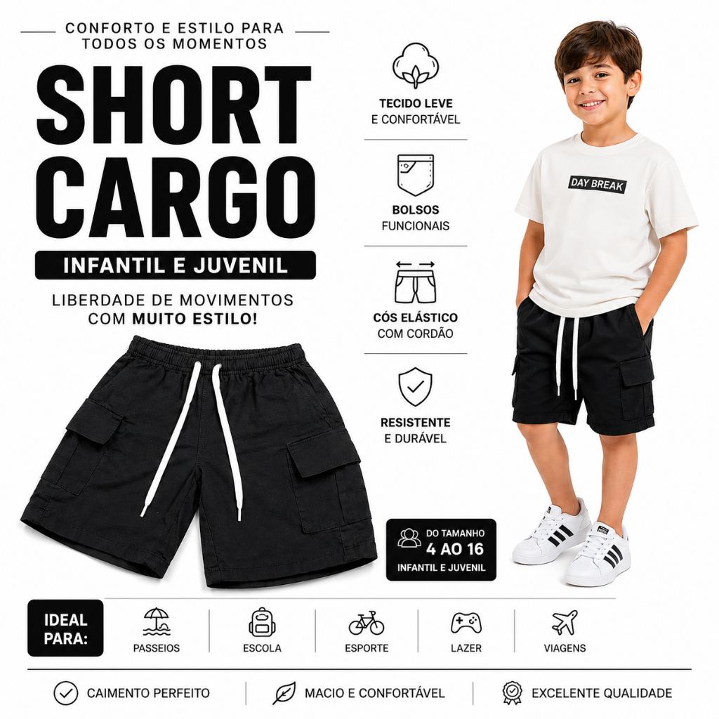 Short infantil cargo em linho cor preta menino básico estiloso