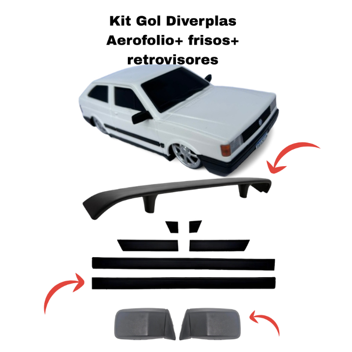 Kit Aerofólio + Frisos laterais e Par de retrovisores 3D P/ Gol Miniatura