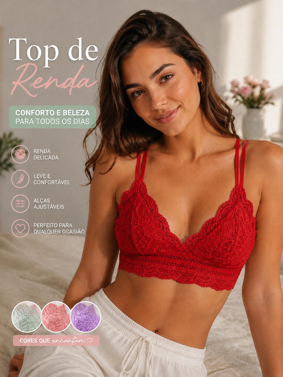 Kit Até 3 Sutiã Top Top de Renda Feminino com Forro - Conforto e Elegância.(Mais Vendido)