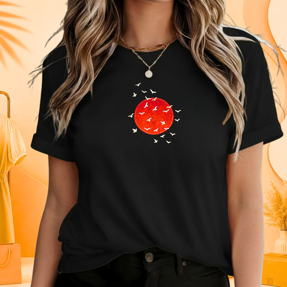 Camiseta Feminina Casual Básica estampada PÁSSAROS SUNSET Algodão Confortável Uso Diário