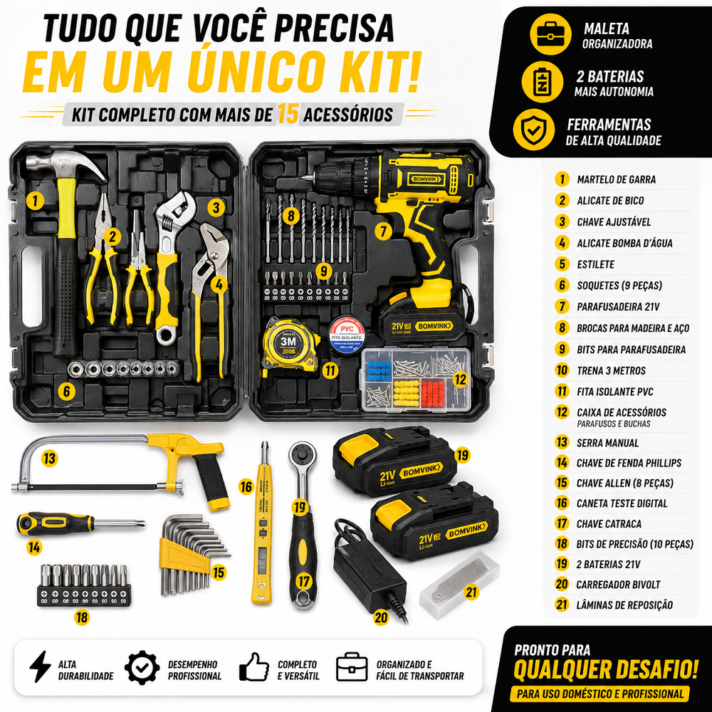 Kit Ferramentas Completo Parafusadeira 21V 2 Baterias Maleta Martelo Alicates Brocas Serrote Uso Profissional