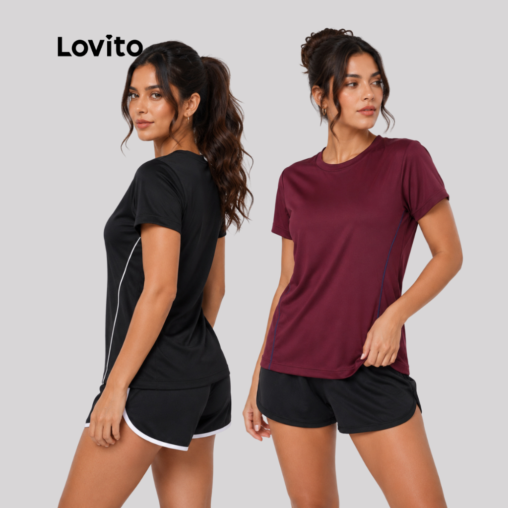 Lovito Kit 2 Camisetas Feminina Esportiva Básica Detalhe Contrastante BROTB14841