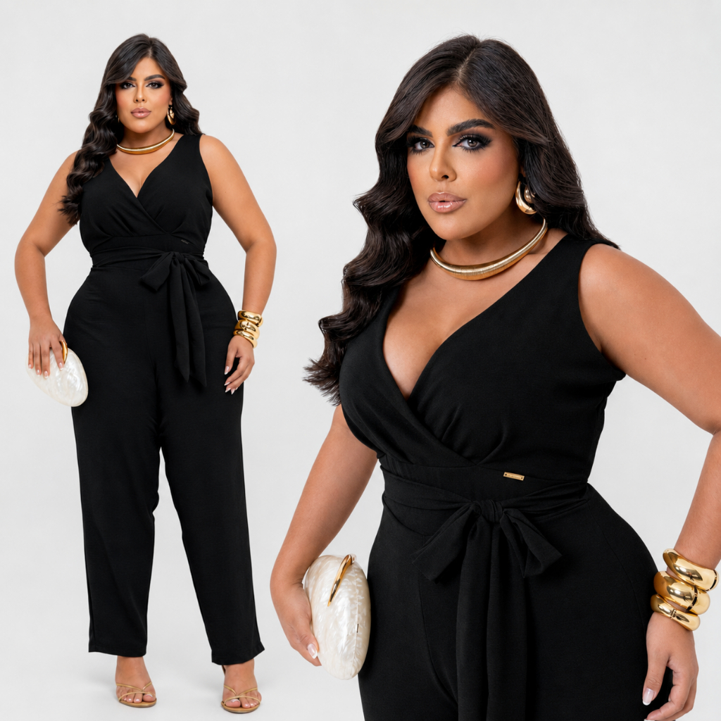Macacão Plus Size Feminino Preto Elegante Decote Transpassado Com Faixa Festa Social