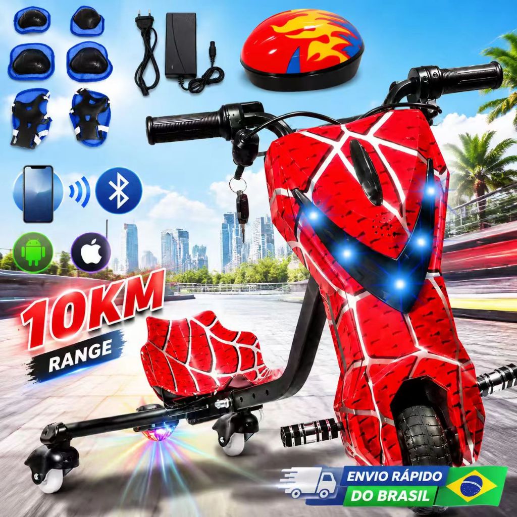 Triciclo Infantil Elétrico Drift Bluetooth MP3 & LED 350W Com Kit Proteção E Capacete 3 Velocidades