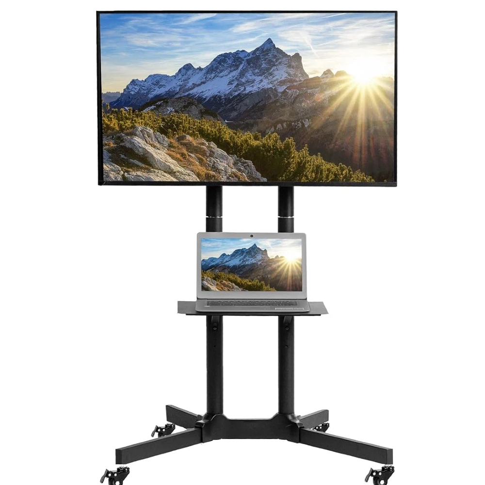 Suporte Pedestal de Chão Universal para TV 32 a 75 Polegadas, Rodízios com Trava, Bandeja Multiuso, Capacidade 50KG